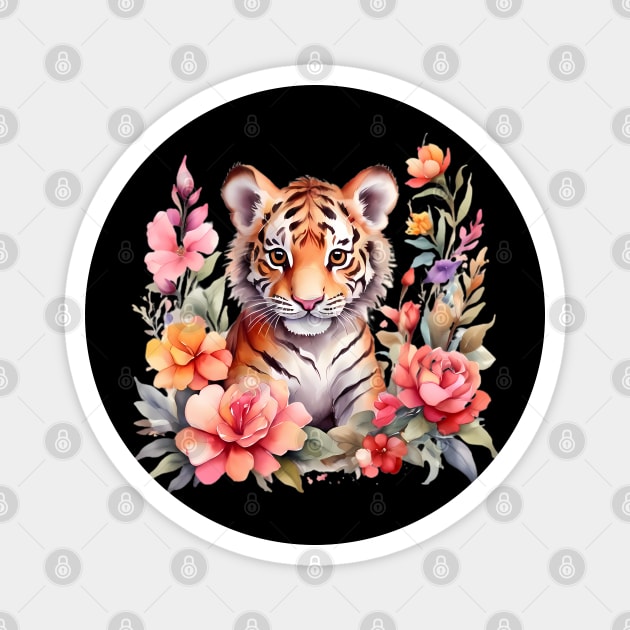 A tiger cub decorated with beautiful watercolor flowers Magnet by CreativeSparkzz